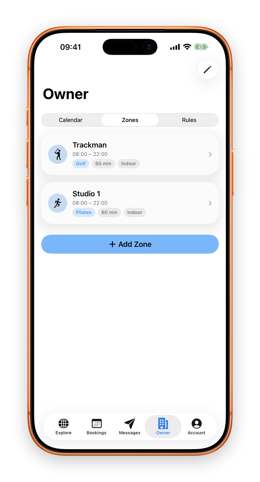 Zones with prices, hours and slot length